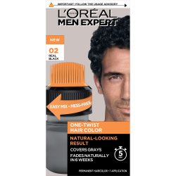 L'Oreal Paris 巴黎欧莱雅 男士专用染发剂 5分钟快速遮白发 天然持久免氨配方 一次性扭转涂抹器 真黑色02号 专业护发染色套装