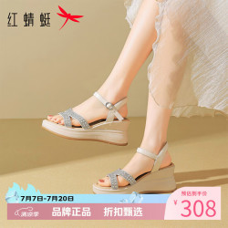 红蜻蜓 女鞋休闲坡跟水钻凉鞋 夏季轻便一字带凉鞋运动优雅女士高跟凉鞋