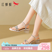 红蜻蜓 女鞋休闲蝴蝶水钻凉鞋 夏季一字带粗跟凉鞋优雅百搭女士凉鞋子