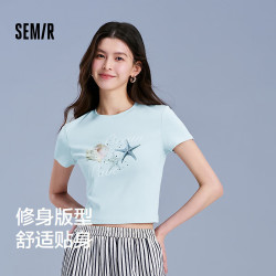 森马 凉感T|短袖T恤女短款图案小个子度假风新款修身烫钻夏装