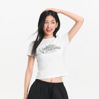 森马 短袖T恤女夏印花做旧正肩修身套头衫显瘦复古美式小个子衣服