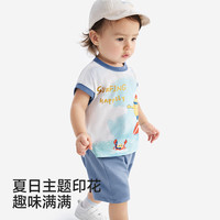 英氏 儿童套装夏季男童女童短袖短裤休闲套装卡通印花圆领上衣短裤 牛仔蓝套装(短袖+短裤) 80 cm
