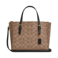 COACH Mollie 25 中号托特包 涂层帆布拼皮革 可拆卸肩带 品牌徽标拉链开合 棕黄色拼黑色