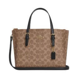 COACH Mollie 25 中号托特包 涂层帆布拼皮革 可拆卸肩带 品牌徽标拉链开合 棕黄色拼黑色