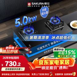 樱花 燃气灶5.0KW大火力液化气灶双灶玻璃面板灶具铜火盖猛火炉灶台嵌两用底盘可调节B9209