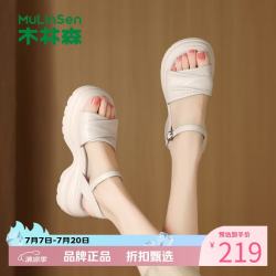 木林森 女鞋羊皮革凉鞋 夏季轻便一字带凉鞋休闲优雅女士增高显瘦凉鞋子