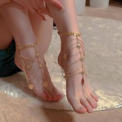 异域风情复古异域多层流苏脚链女金属链条脚背链cos宫廷风金色抓链锆石脚链
