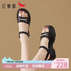 红蜻蜓 女鞋休闲羊皮革凉鞋 夏季一字带串珠凉鞋百搭优雅女士沙滩凉鞋子