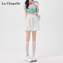 拉夏贝尔 蓬蓬花苞裙裤女夏新款时尚通勤百搭松紧高腰a字休闲短裤 米白色 S