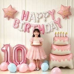 寻年味 女孩十周岁生日布置生日快乐字母气球蛋糕10背景墙派对氛围感装饰