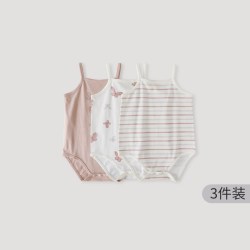 巴厘小猪 小月龄吊带连体衣 三件装 蝴蝶嬉戏+藕粉条纹+藕粉
