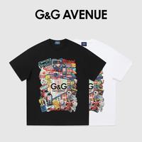 G&G AVENUE 潮牌复古印花宽松短袖T恤男女款圆领纯棉半袖 黑色常规