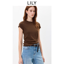 LILY 2026秋新款女装莱赛尔羊毛混纺简约休闲通勤百搭纯色短袖T恤 710咖啡