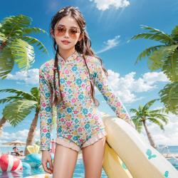ASK junior 福利】含泳帽儿童度假泳衣女童连体夏季国风新中式旗袍领泳装