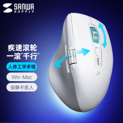 sanwa 山业（SANWA）人体工学无线蓝牙双模鼠标 快速滚轮 双滚轮鼠标 Win/Mac适用 办公游戏 2.4G+蓝牙 WBT207 白色
