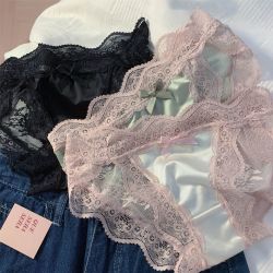 瑶樱莱 少女美屋粉色法式缎面高开叉蕾丝性感内裤女纯欲风薄款三角裤头
