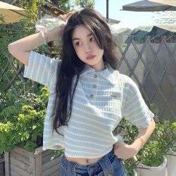 奶蓝别致上衣T恤POLO衫短袖条纹小清新甜美新款夏季女装polo衫领T