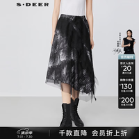 S.DEER 水墨网纱拼接 A字半身裙 深灰 S