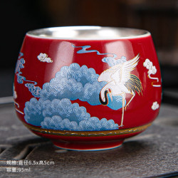 灵沐 鎏银陶瓷松鹤禅定杯霁红