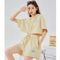 唐狮 夏季卫衣连帽前胸小标短款短袖休闲运动风上衣ins夏季卫衣半袖