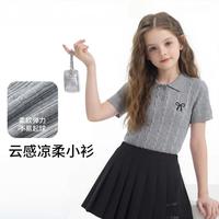 爱法贝 夏新款女童绞花针织POLO短袖中大童修身T恤上衣