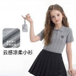 爱法贝 夏新款女童绞花针织POLO短袖中大童修身T恤上衣