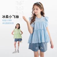 爱法贝 夏新品女童清新小飞袖轻薄莱赛尔短袖衬衫百搭上衣