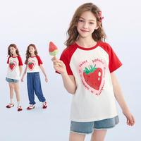 爱法贝 夏女童撞色插肩袖T恤中大童纯棉透气可爱印花短袖