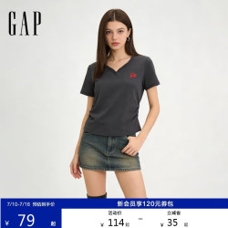 Gap 女装春季新款纯棉logo刺绣V领爱心捏褶短袖上衣 858936