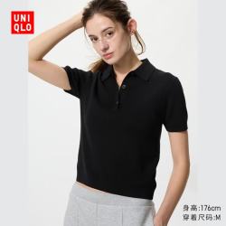 优衣库 棉莫代尔混纺POLO领针织衫/短袖女装484607 09 黑色 XS