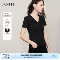 AMII 女装2026夏季新款极简纯色修身短袖套头V领莫代尔棉上衣T 黑色 S (155)
