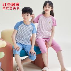 红豆居家 男女童睡衣夏季7A抗菌儿童纯棉柔软透气短袖七分裤家居服套装 晴空蓝