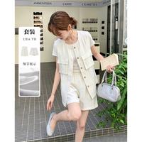 德玛纳 夏季通勤风圆领马甲松紧腰短裤显瘦两件套女高级