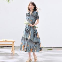 Sanpowa 夏款气质都市休闲花纹短袖连衣裙女士轻薄时尚通勤减龄收腰中长裙