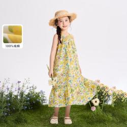 茵曼 女童挂脖连衣裙印花纯棉裙子26夏中大童宽松轻薄透气度假公主裙