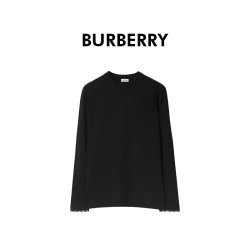 BURBERRY 自营欧洲直邮Burberry/博柏利 男士黑色棉质袖口格纹饰边长袖T恤