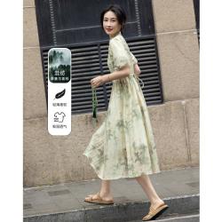 德玛纳 夏季国风新中式立领盘扣印花旗袍连衣裙女高级感