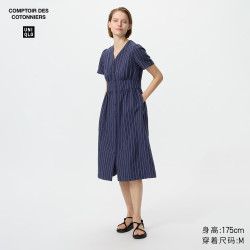 优衣库 麻混纺条纹V领连衣裙/短袖女装合作款/裙子485751