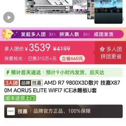AMD RYZEN AMD R7 9800X3D散片 技嘉X870M AORUS ELITE WIFI7 ICE冰雕板U套