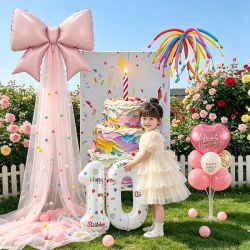 寻年味 公主女童10周岁生日布置粉蝴蝶结纱幔气球背景家庭生日宴氛围装饰