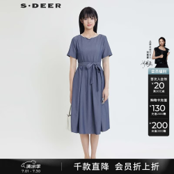 S.DEER 女个性复古圆领压褶不规则短袖连衣裙 S24281205