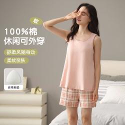 纤丝鸟 女士纯棉睡衣背心短裤套装
