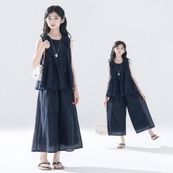 URBANSHOW 女童套装夏季新薄款无袖娃娃衫九分阔腿裤两件套装