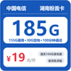  中国电信 湖南省卡19元185G全国流量100分钟　