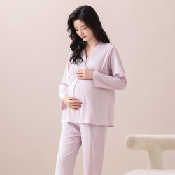 婧麒 月子服春夏产后舒适透气孕妇睡衣长袖长裤春秋产妇家居服 和服香芋 M码