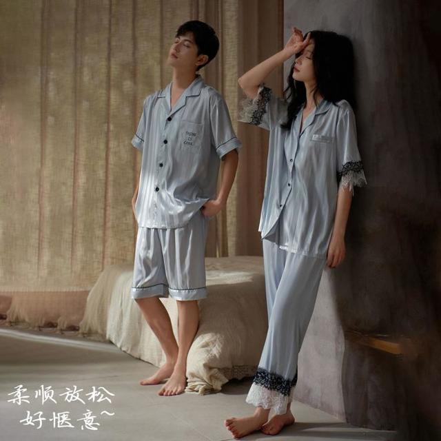 猫人 情侣家居服仿丝套装开衫长裤