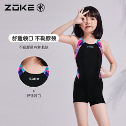 洲克 女童专业训练连体平角竞速运动度假游泳衣125504440黑玫蓝三角14