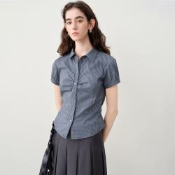 自巧 小个子短袖设计感掐腰格子衬衫女2026夏季新品短款复古上衣