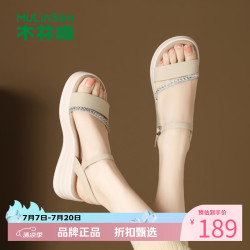 木林森 女鞋坡跟水钻罗马凉鞋 夏季一字扣带凉鞋通勤休闲百搭女士凉鞋子