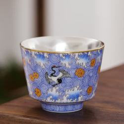 灵沐 珐琅彩银瑞鹤敞口杯